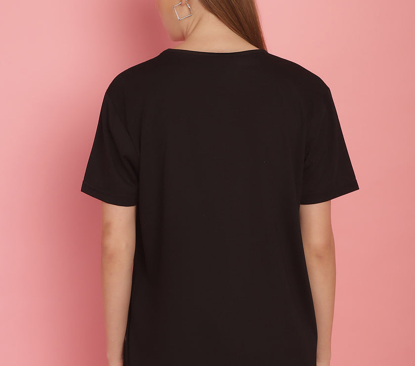 Mack Jonney Round Neck Cotton Solid Black T-Shirt for Women