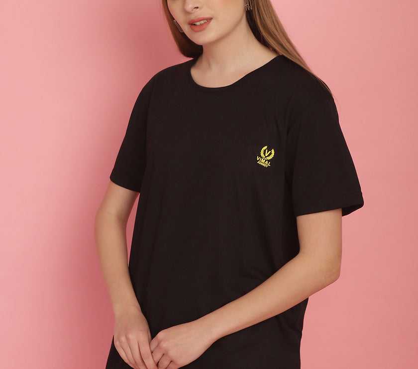 Mack Jonney Round Neck Cotton Solid Black T-Shirt for Women