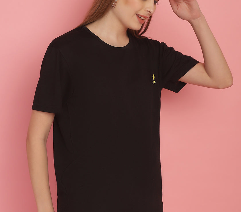 Mack Jonney Round Neck Cotton Solid Black T-Shirt for Women