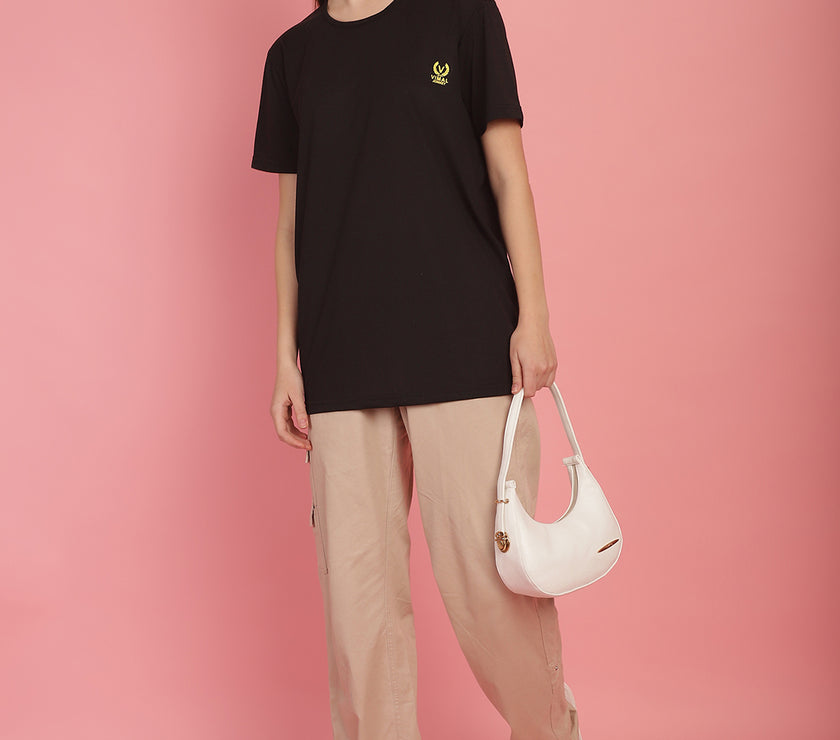 Mack Jonney Round Neck Cotton Solid Black T-Shirt for Women