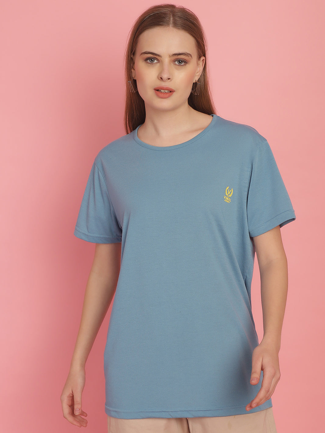 Mack Jonney Round Neck Cotton Solid Blue T-Shirt for Women