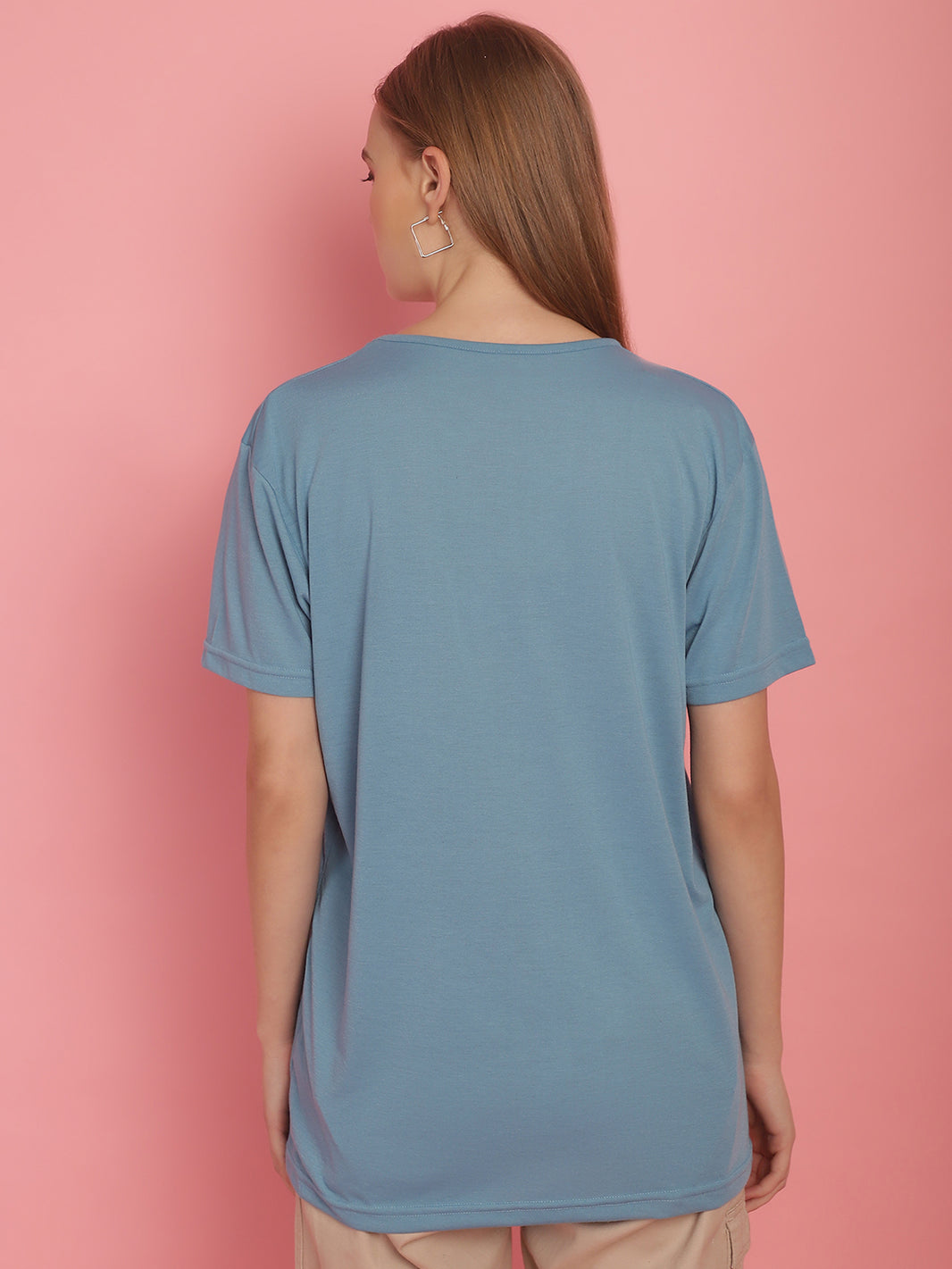 Mack Jonney Round Neck Cotton Solid Blue T-Shirt for Women