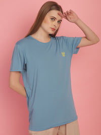 Mack Jonney Round Neck Cotton Solid Blue T-Shirt for Women