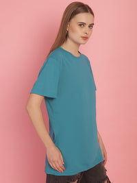 Mack Jonney Round Neck Cotton Solid Ferozi T-Shirt for Women