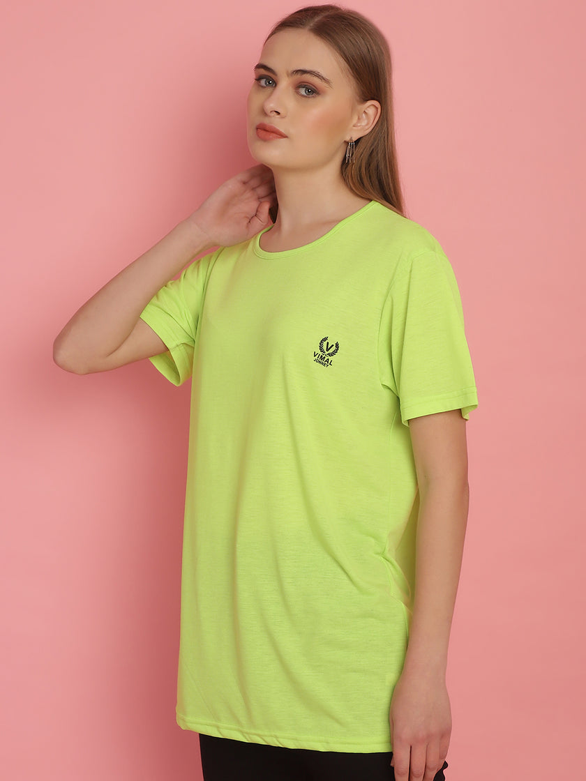 Mack Jonney Round Neck Cotton Solid Green T-Shirt for Women