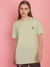 Mack Jonney Round Neck Cotton Solid Light Green T-Shirt for Women