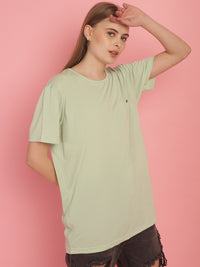 Mack Jonney Round Neck Cotton Solid Light Green T-Shirt for Women