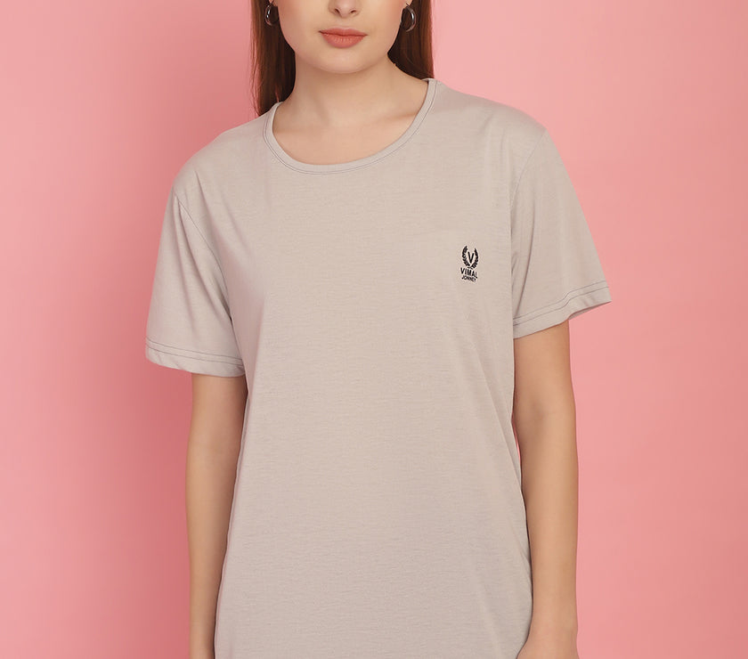 Mack Jonney Round Neck Cotton Solid Light Grey T-Shirt for Women