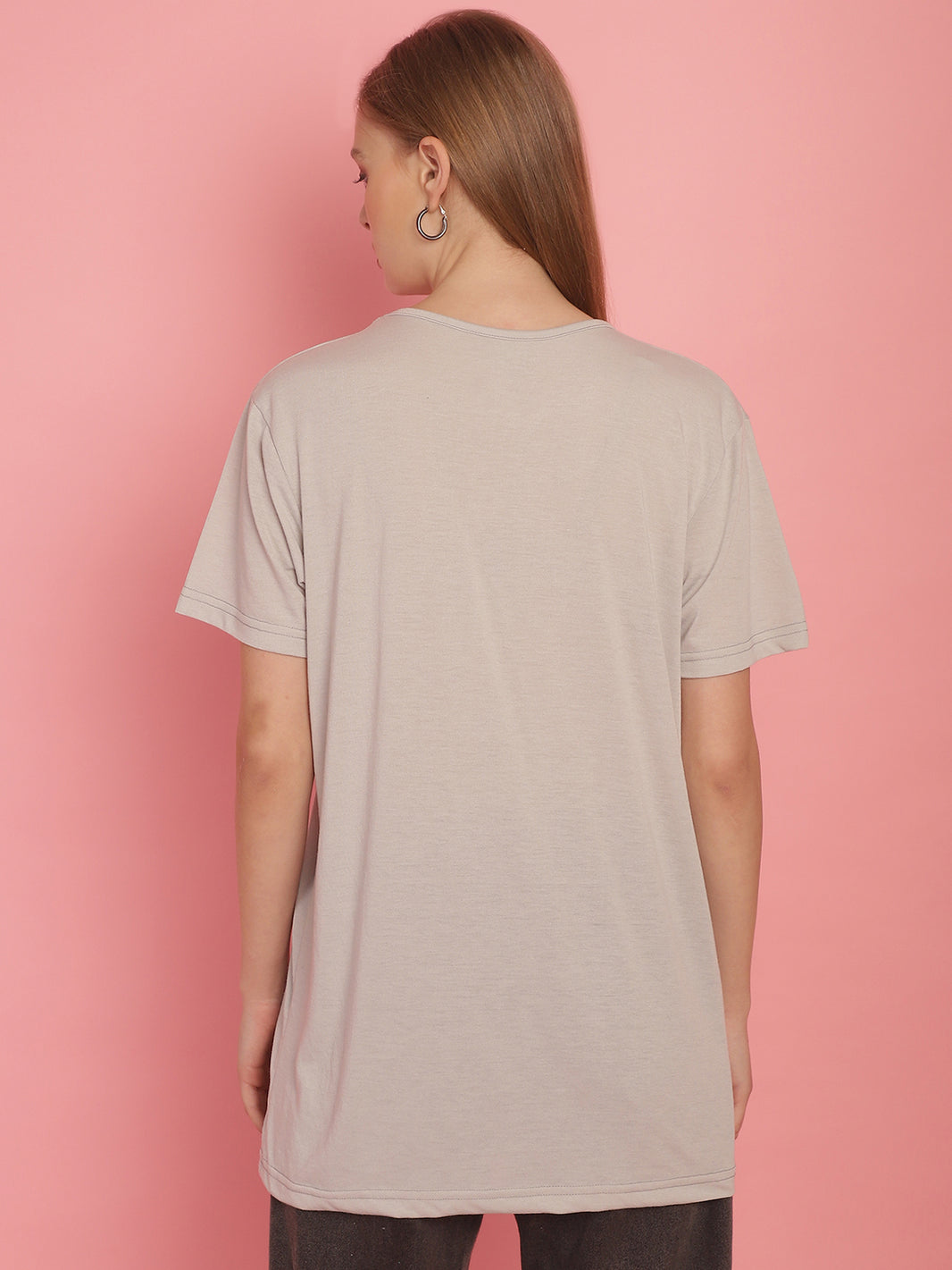 Mack Jonney Round Neck Cotton Solid Light Grey T-Shirt for Women