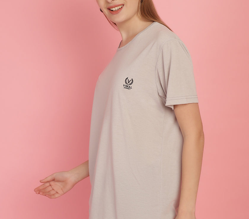 Mack Jonney Round Neck Cotton Solid Light Grey T-Shirt for Women