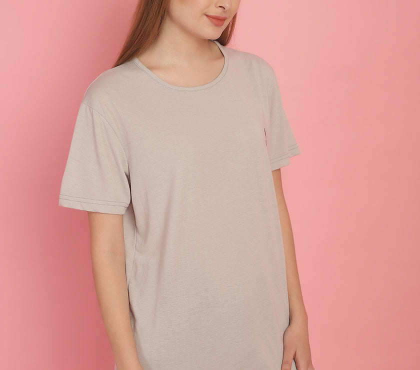 Mack Jonney Round Neck Cotton Solid Light Grey T-Shirt for Women