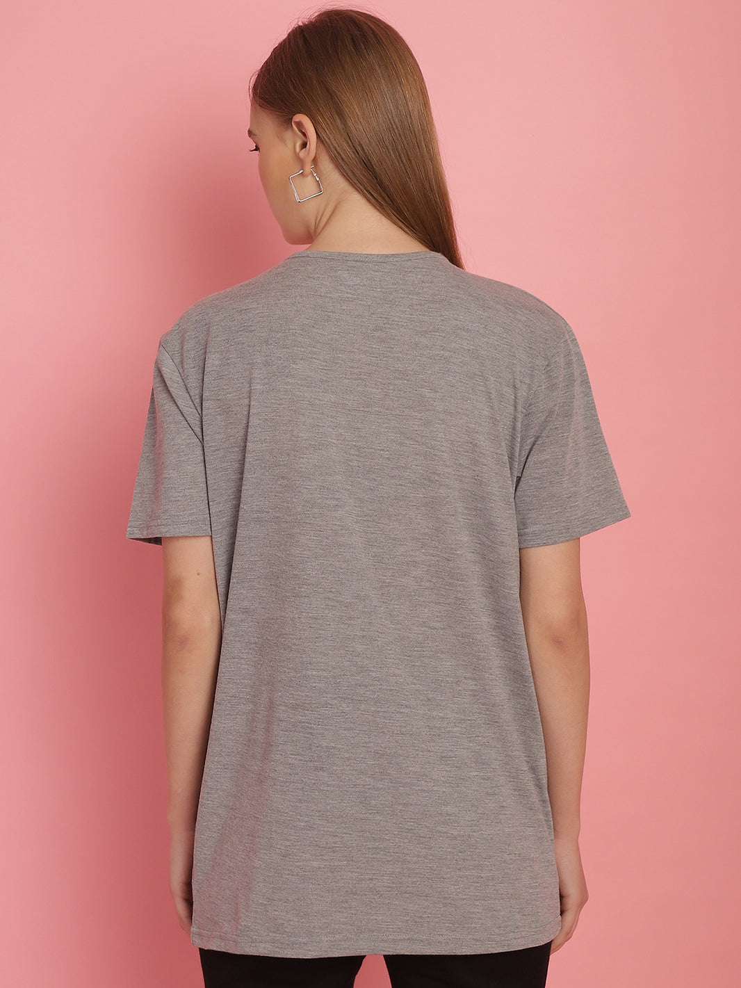 Mack Jonney Round Neck Cotton Solid Grey Melange T-Shirt for Women