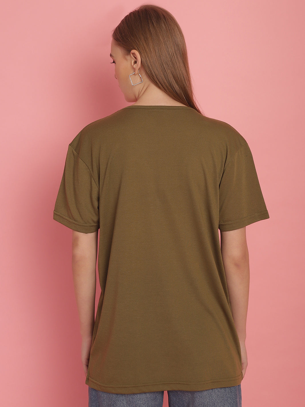 Mack Jonney Round Neck Cotton Solid Olive T-Shirt for Women