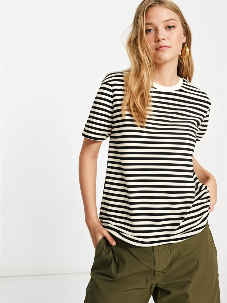 Mack Jonney Oversized | Loose Fit | Half Sleeves 100% Cotton Round Neck Striped T-Shirt for Women