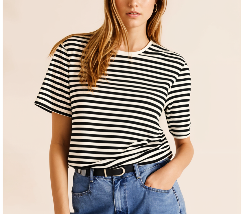Mack Jonney Oversized | Loose Fit | Half Sleeves 100% Cotton Round Neck Striped T-Shirt for Women