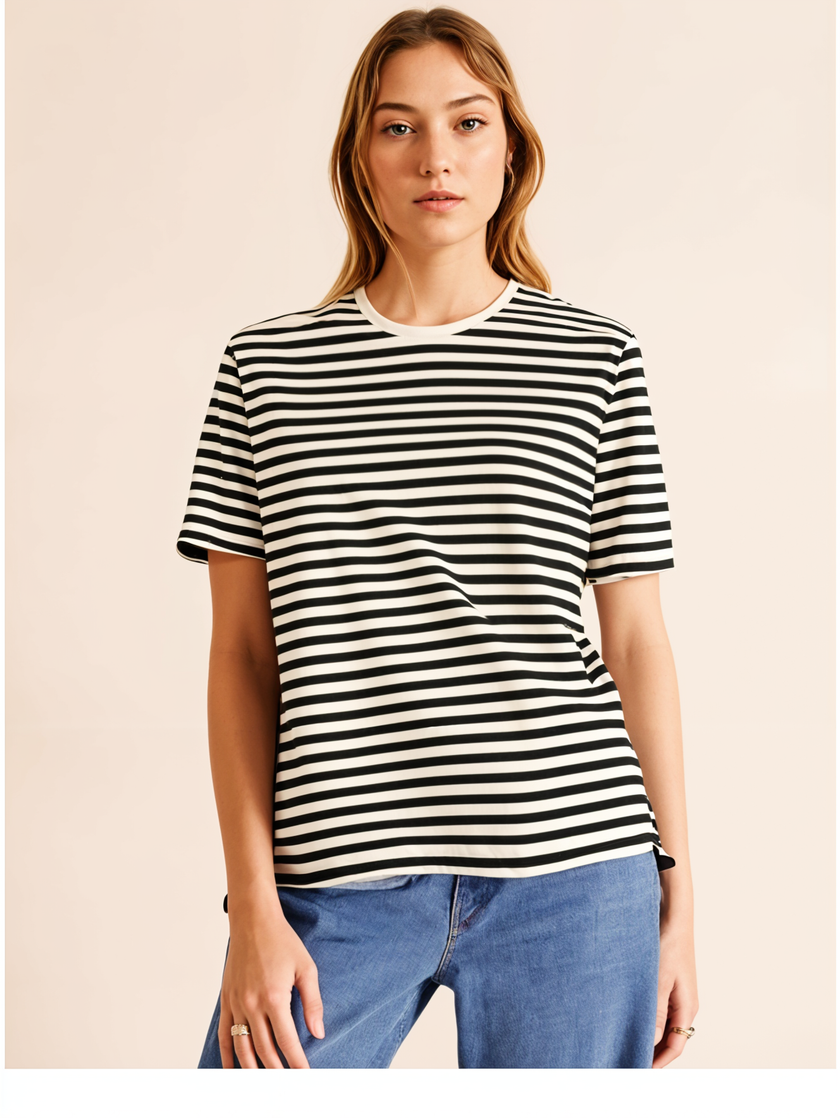Mack Jonney Oversized | Loose Fit | Half Sleeves 100% Cotton Round Neck Striped T-Shirt for Women