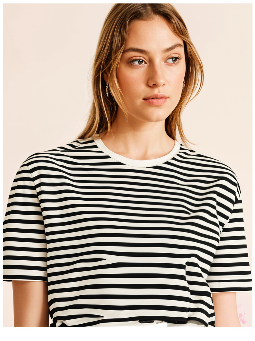 Mack Jonney Oversized | Loose Fit | Half Sleeves 100% Cotton Round Neck Striped T-Shirt for Women