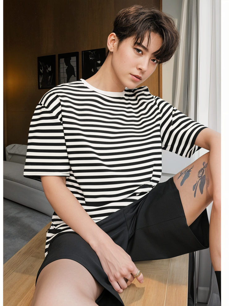 Mack Jonney Oversized | Loose Fit | Half Sleeves 100% Cotton Round Neck Striped T-Shirt for Men