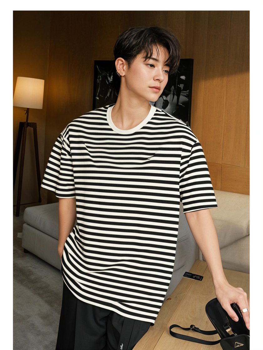 Mack Jonney Oversized | Loose Fit | Half Sleeves 100% Cotton Round Neck Striped T-Shirt for Men