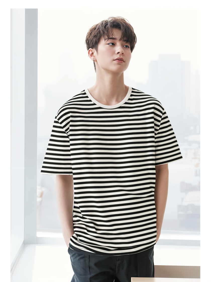 Mack Jonney Oversized | Loose Fit | Half Sleeves 100% Cotton Round Neck Striped T-Shirt for Men