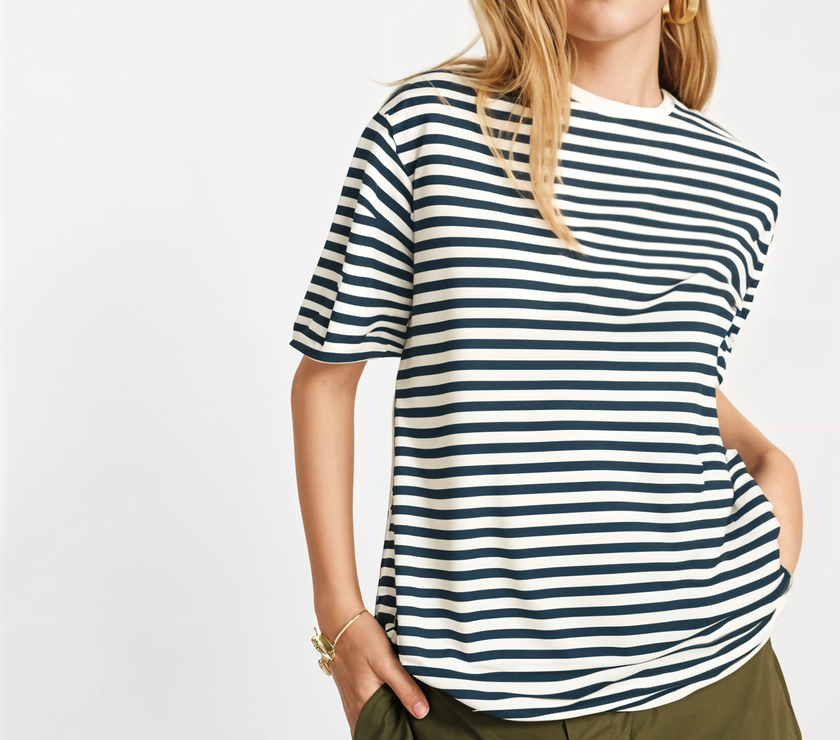 Mack Jonney Oversized | Loose Fit | Half Sleeves 100% Cotton Round Neck Striped T-Shirt for Women