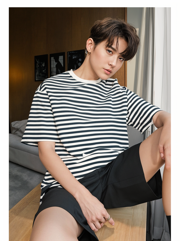 Mack Jonney Oversized | Loose Fit | Half Sleeves 100% Cotton Round Neck Striped T-Shirt for Men