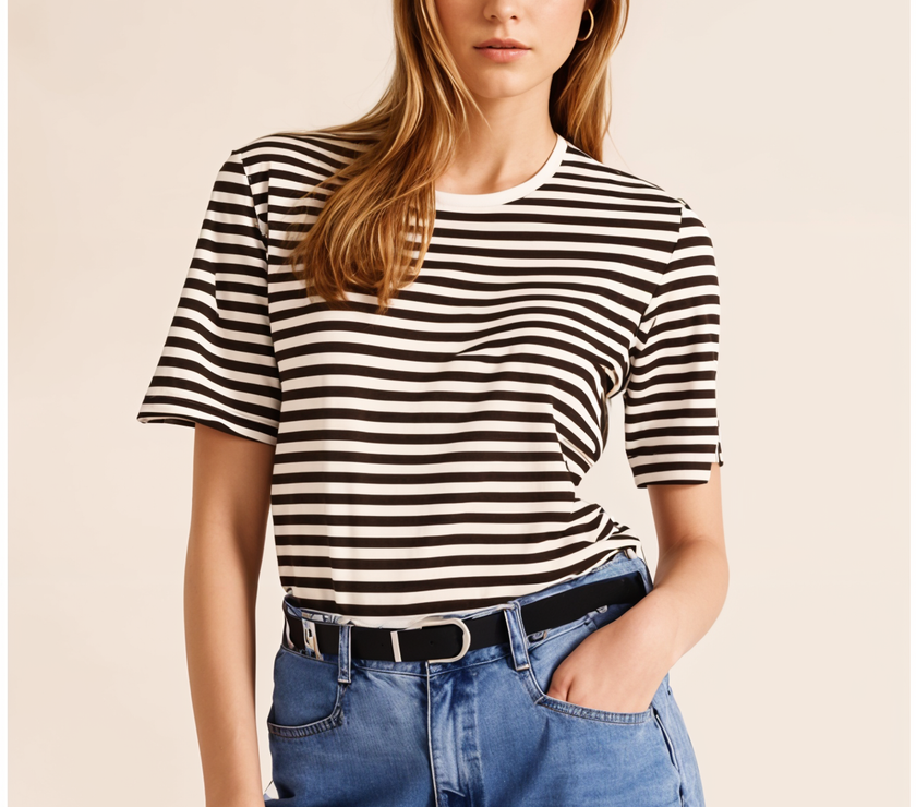 Mack Jonney Oversized | Loose Fit | Half Sleeves 100% Cotton Round Neck Striped T-Shirt for Women