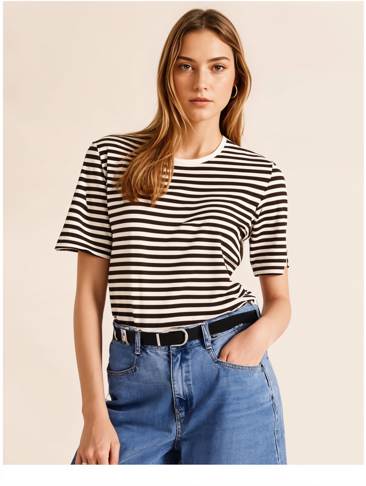 Mack Jonney Oversized | Loose Fit | Half Sleeves 100% Cotton Round Neck Striped T-Shirt for Women