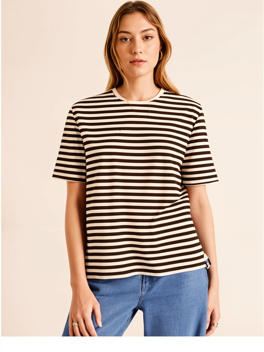 Mack Jonney Oversized | Loose Fit | Half Sleeves 100% Cotton Round Neck Striped T-Shirt for Women