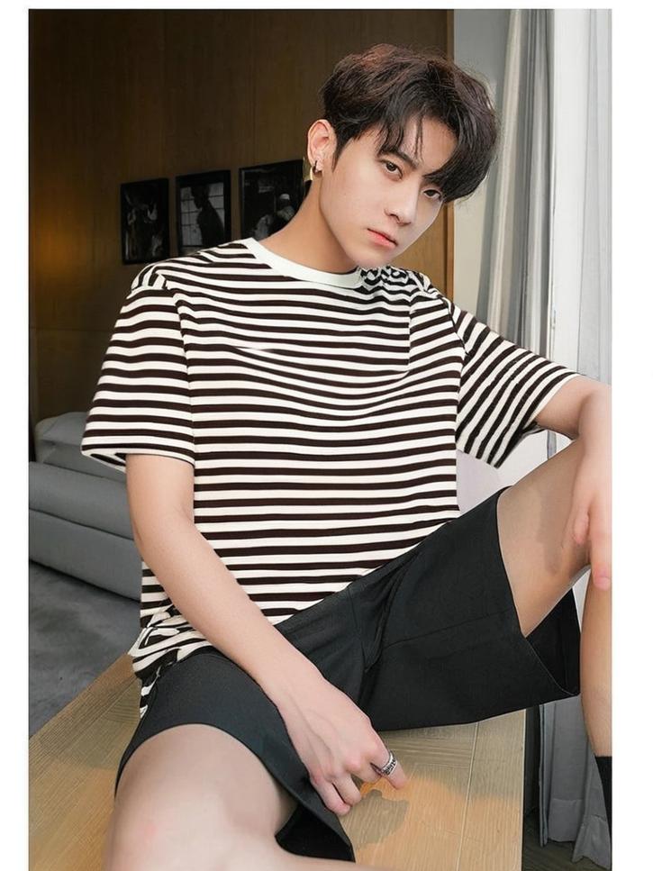 Mack Jonney Oversized | Loose Fit | Half Sleeves 100% Cotton Round Neck Striped T-Shirt for Men