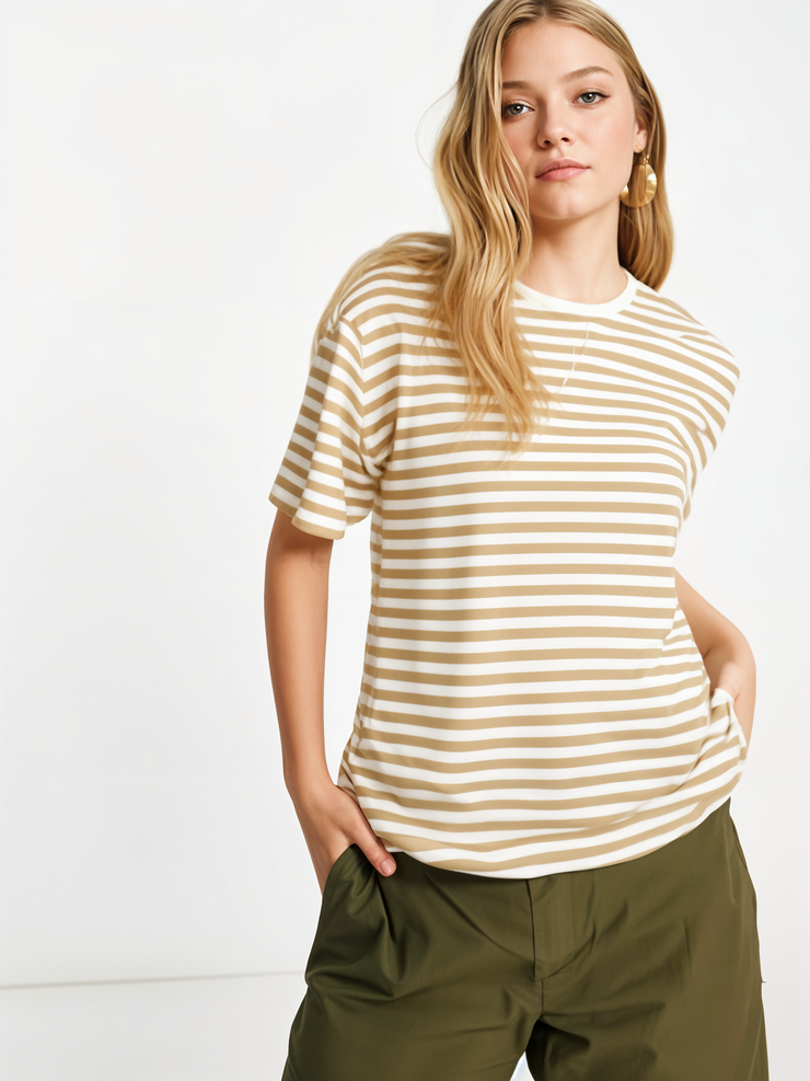 Mack Jonney Oversized | Loose Fit | Half Sleeves 100% Cotton Round Neck Striped T-Shirt for Women