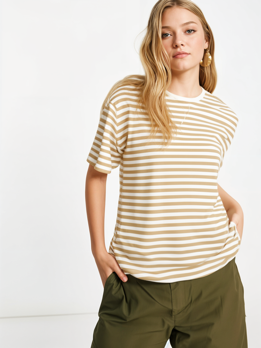 Mack Jonney Oversized | Loose Fit | Half Sleeves 100% Cotton Round Neck Striped T-Shirt for Women