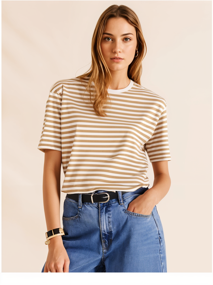 Mack Jonney Oversized | Loose Fit | Half Sleeves 100% Cotton Round Neck Striped T-Shirt for Women