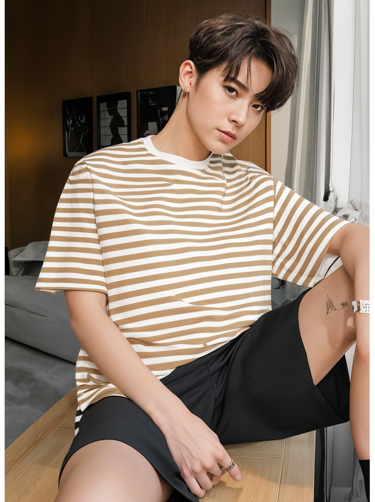 Mack Jonney Oversized | Loose Fit | Half Sleeves 100% Cotton Round Neck Striped T-Shirt for Men