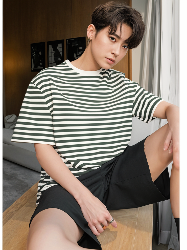 Mack Jonney Oversized | Loose Fit | Half Sleeves 100% Cotton Round Neck Striped T-Shirt for Men