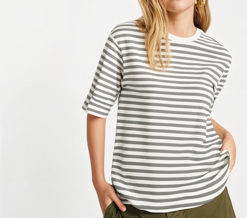 Mack Jonney Oversized | Loose Fit | Half Sleeves 100% Cotton Round Neck Striped T-Shirt for Women