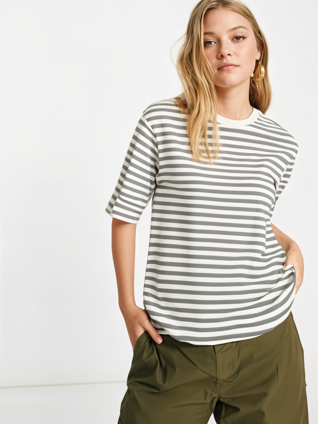 Mack Jonney Oversized | Loose Fit | Half Sleeves 100% Cotton Round Neck Striped T-Shirt for Women