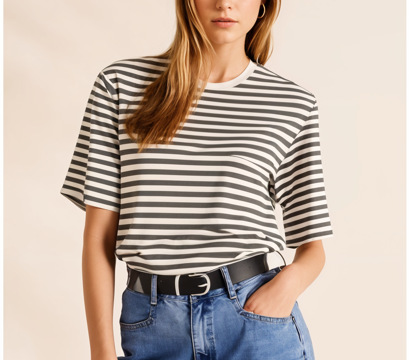 Mack Jonney Oversized | Loose Fit | Half Sleeves 100% Cotton Round Neck Striped T-Shirt for Women