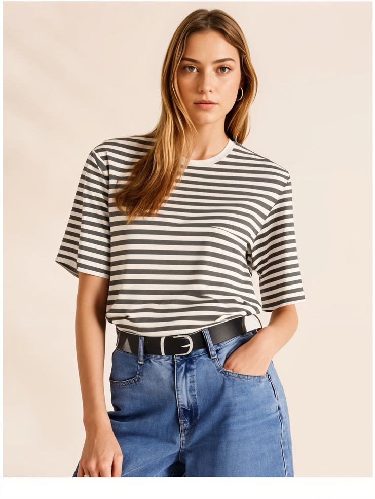 Mack Jonney Oversized | Loose Fit | Half Sleeves 100% Cotton Round Neck Striped T-Shirt for Women