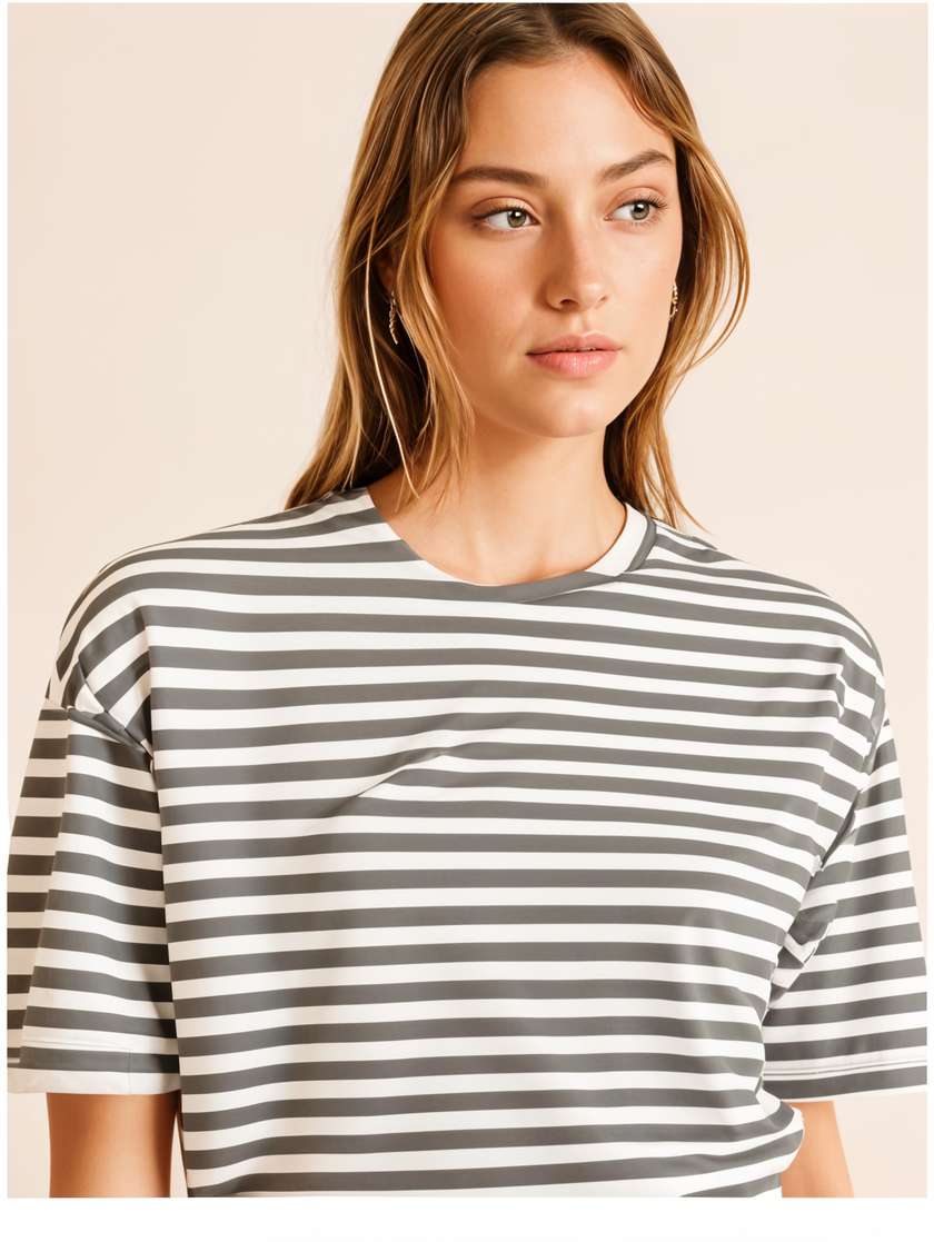 Mack Jonney Oversized | Loose Fit | Half Sleeves 100% Cotton Round Neck Striped T-Shirt for Women