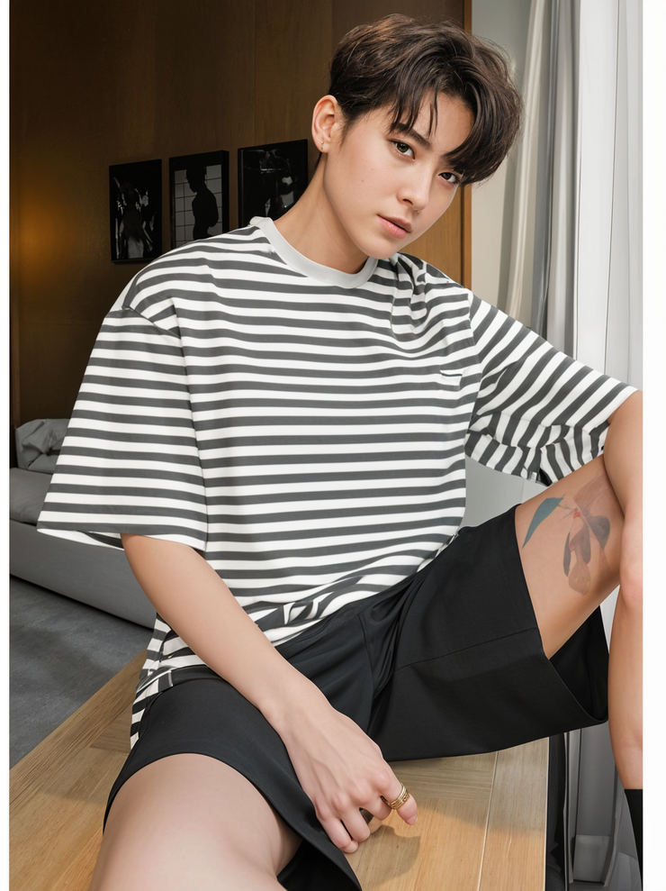 Mack Jonney Oversized | Loose Fit | Half Sleeves 100% Cotton Round Neck Striped T-Shirt for Men