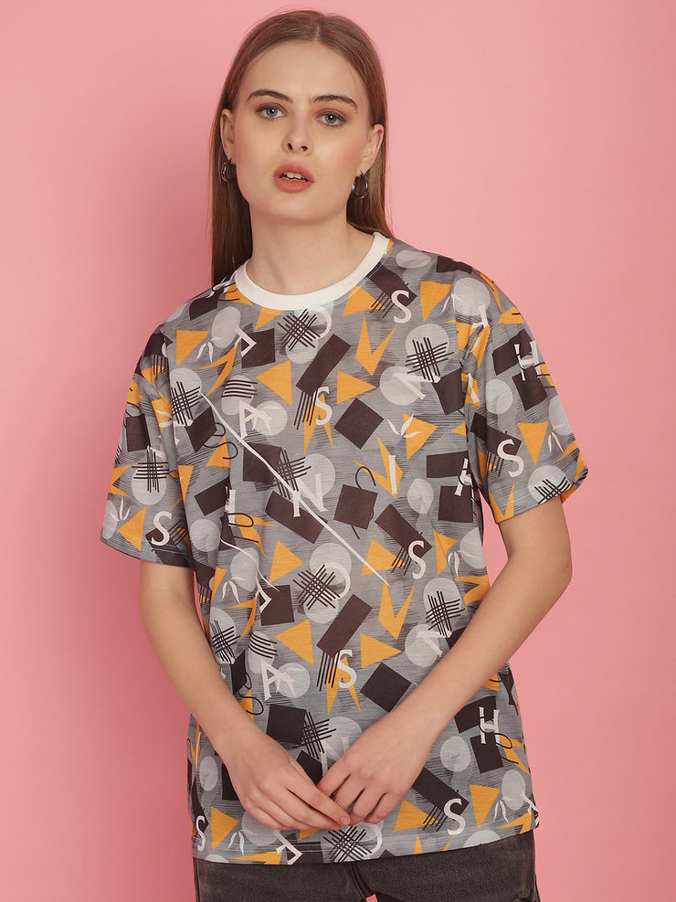 Mack Jonney Printed White Round Neck Cotton Oversize Half sleeves Tshirt For Women
