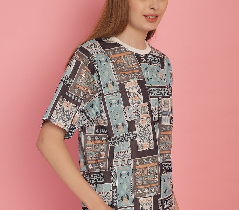 Mack Jonney Printed White Round Neck Cotton Oversize Half sleeves Tshirt For Women