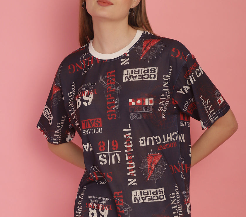 Mack Jonney Printed White Round Neck Cotton Oversize Half sleeves Tshirt For Women