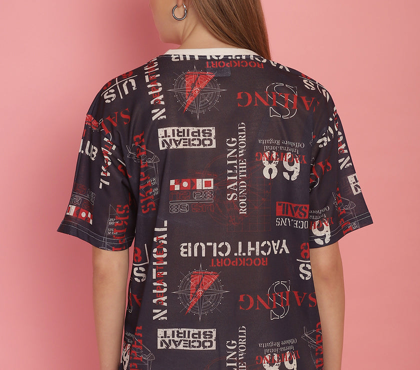 Mack Jonney Printed White Round Neck Cotton Oversize Half sleeves Tshirt For Women