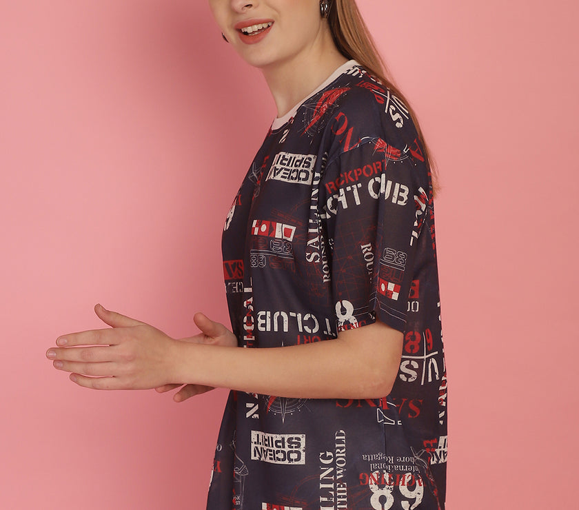 Mack Jonney Printed White Round Neck Cotton Oversize Half sleeves Tshirt For Women
