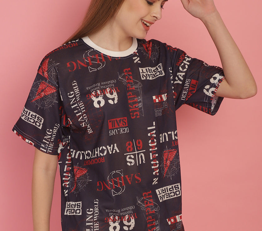 Mack Jonney Printed White Round Neck Cotton Oversize Half sleeves Tshirt For Women