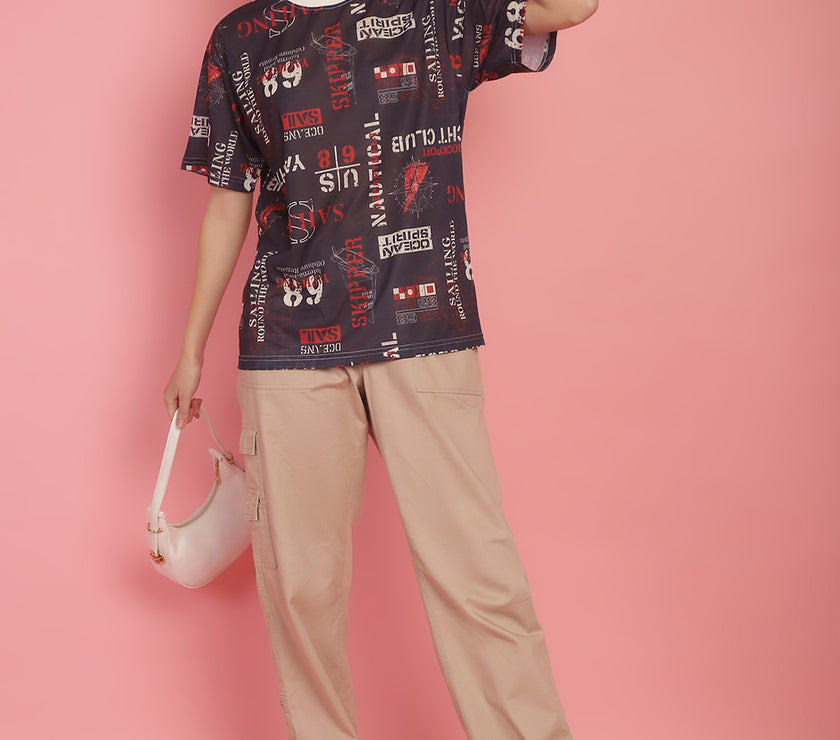 Mack Jonney Printed White Round Neck Cotton Oversize Half sleeves Tshirt For Women