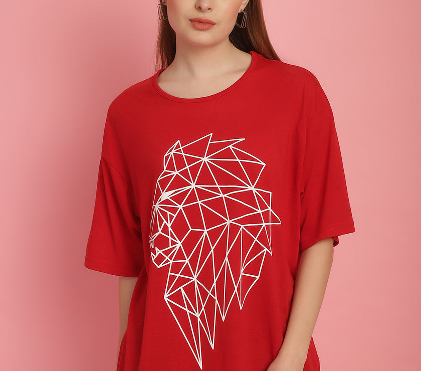 Mack Jonney Printed Red Round Neck Cotton Oversize Half sleeves Tshirt For Women