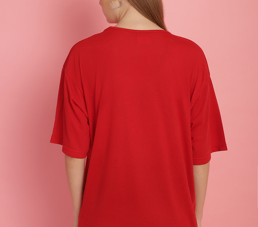 Mack Jonney Printed Red Round Neck Cotton Oversize Half sleeves Tshirt For Women